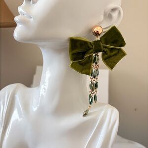 Olive Green Velvet Bow Drop Earrings with Beaded Fringe